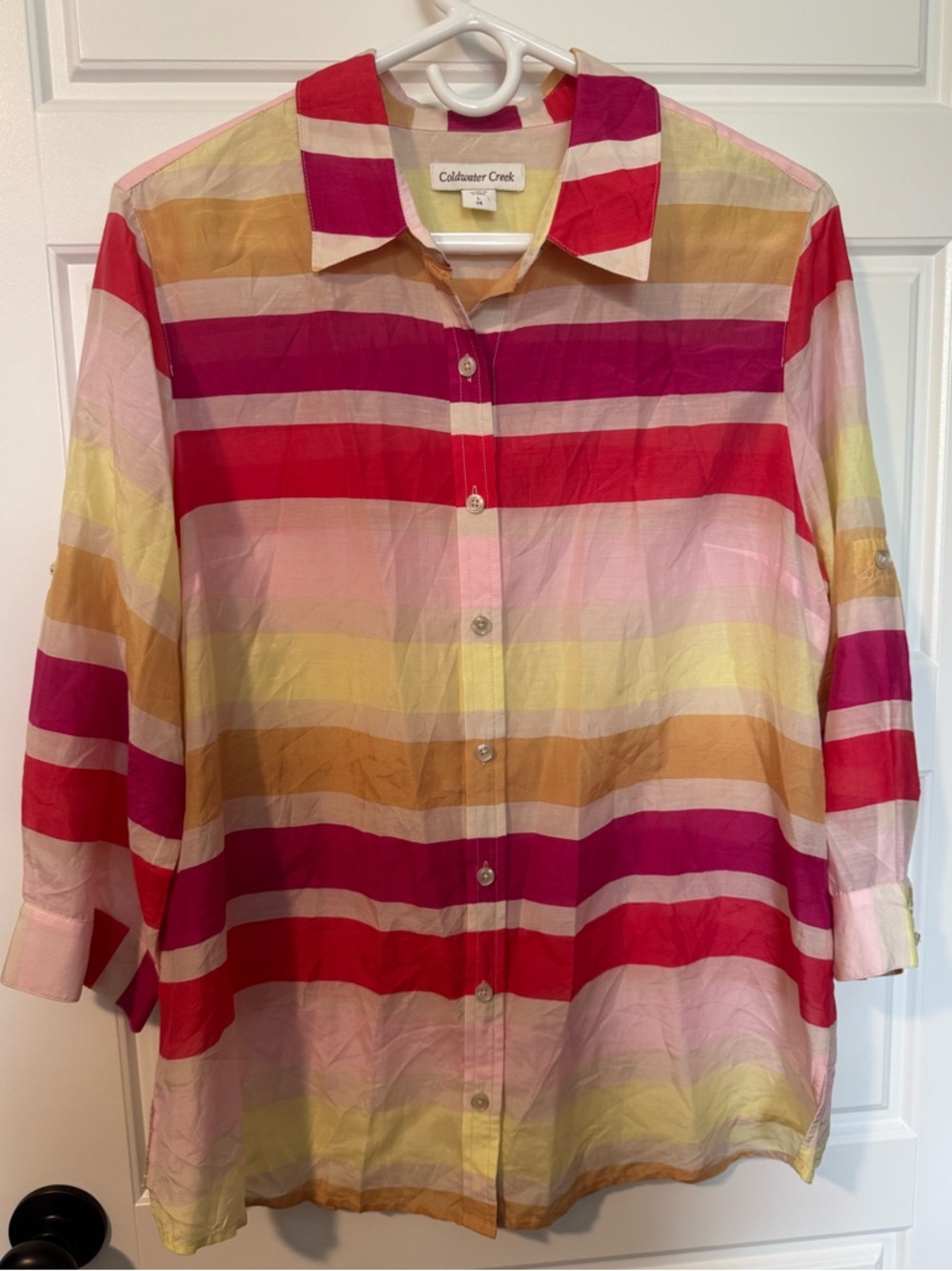 Coldwater Creek Cotton/Silk Blend Button-Up Shirt, Multicolor Stripe, Size L/12